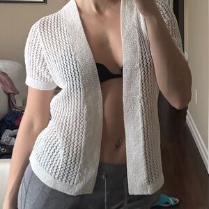 White Crochet Short Sleeve Sweater